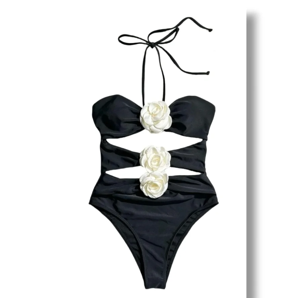BYINDED - Xl Black Halter One-Piece Swimsuit with Floral Accents - Picture 4 of 11